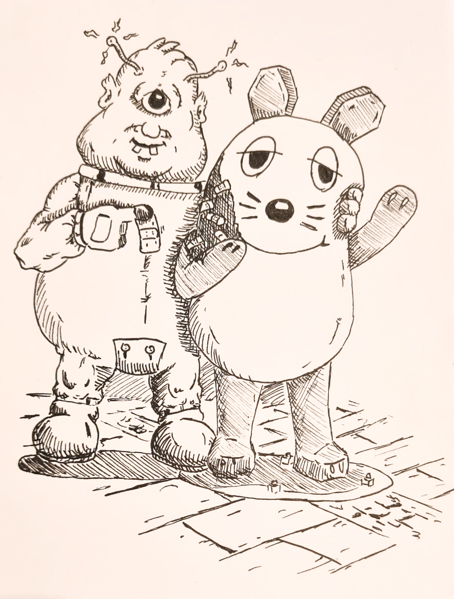 Unser Alien zeigt Solidarität mit der verletzten Maus (schwarz-weiße Comic Zeichnung, unser Alien steht hinter "Der Maus")