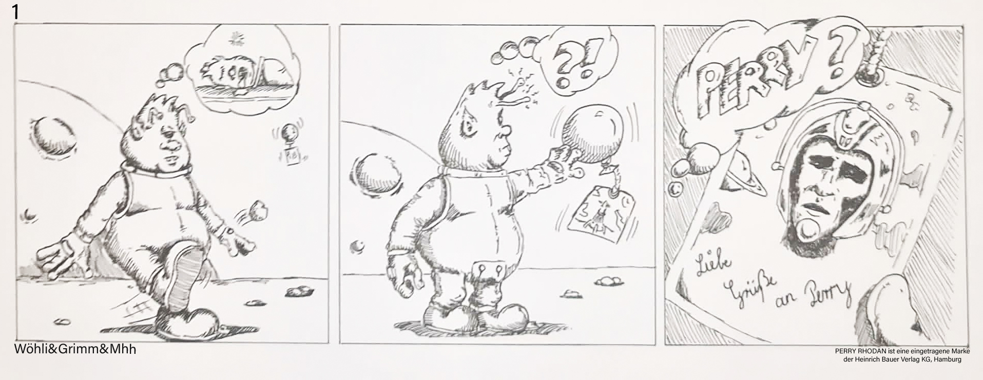 3 Bilder Comic, handgezeichnet, schwarz-weiss. Ein untersetztes Alien hat Langeweile und findet eine Einladung...