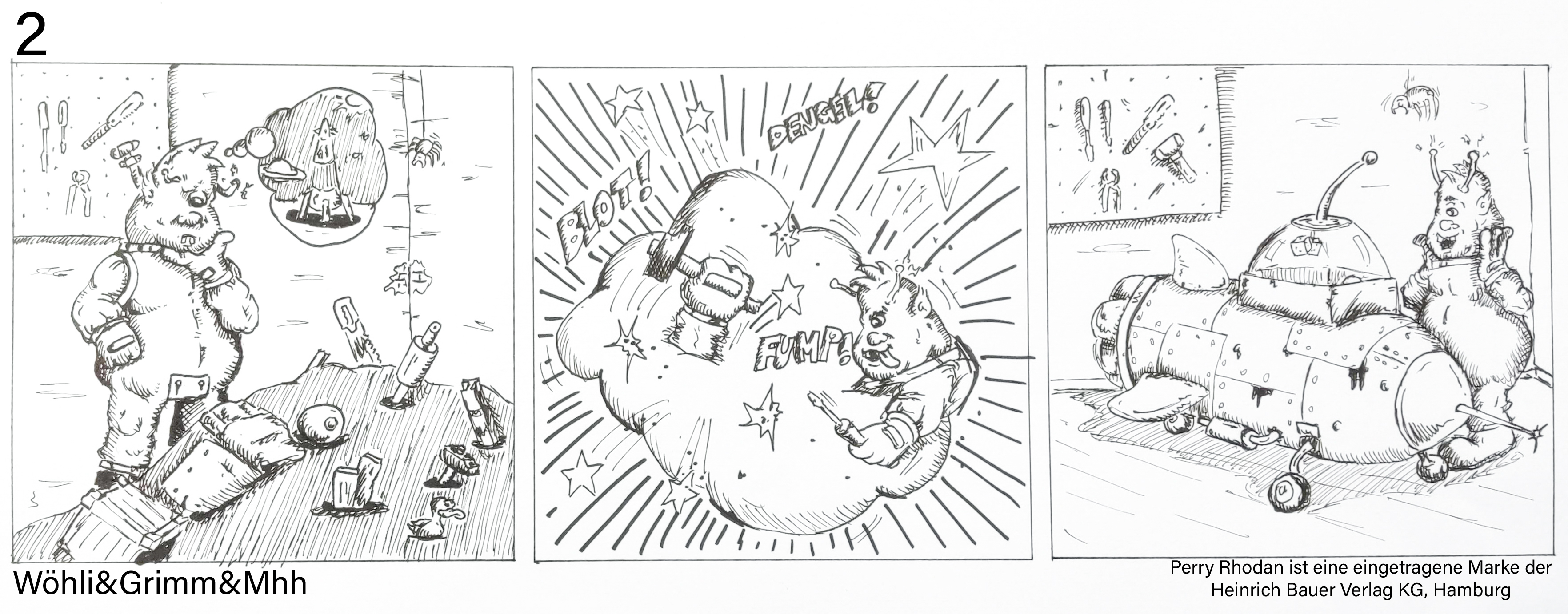 3 Bilder Comic, handgezeichnet, schwarzweiß, ein Alien baut ein Raumschiff zusammen...