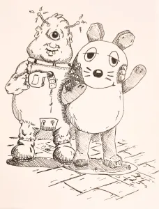 Unser Alien zeigt Solidarität mit der verletzten Maus (schwarz-weiße Comic Zeichnung, unser Alien steht hinter "Der Maus")