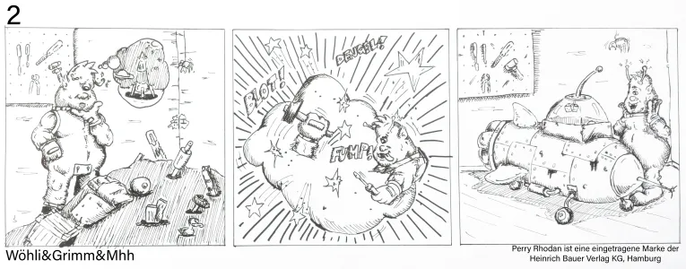 3 Bilder Comic, handgezeichnet, schwarzweiß, ein Alien baut ein Raumschiff zusammen...