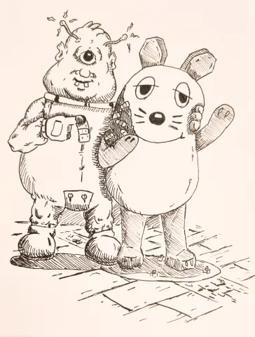 Unser Alien zeigt Solidarität mit der verletzten Maus (schwarz-weiße Comic Zeichnung, unser Alien steht hinter "Der Maus")