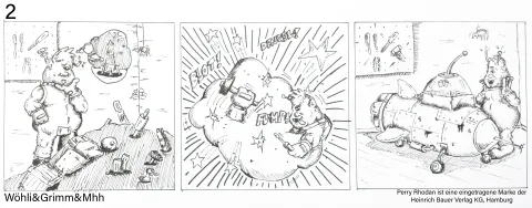 3 Bilder Comic, handgezeichnet, schwarzweiß, ein Alien baut ein Raumschiff zusammen...